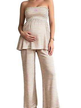 Striped Beige & Cream Two-Piece Maternity Wide-Leg Pant Set size small
